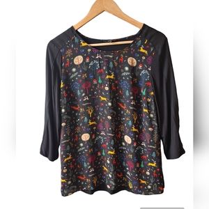 RW&Co Black with Colorful Animals 3/4 Sleeve Blouse Size Medium